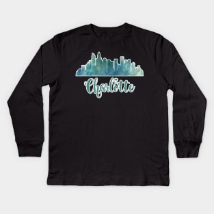 Charlotte North Carolina Skyline Watercolor Kids Long Sleeve T-Shirt